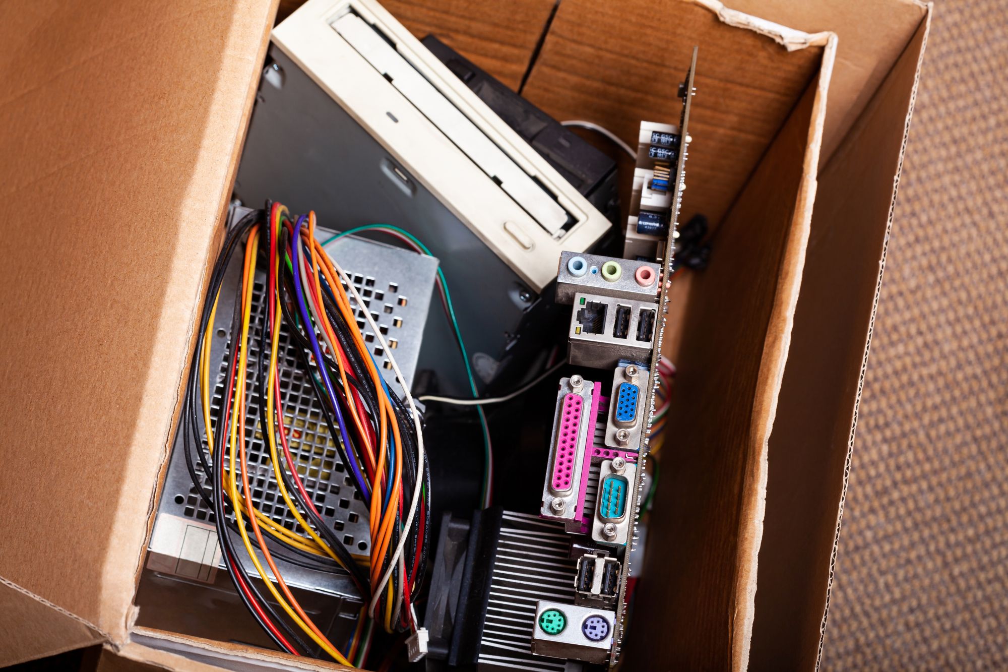 A box containing a computer, representing e-waste for junk removal service in Columbia, SC.